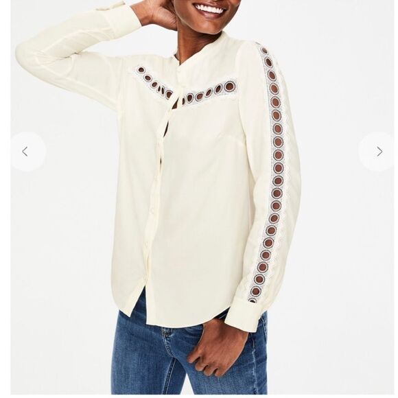 Boden 4P Ivory Yoke Collar Button Front Lace Eyelet Inset Long Sleeve Blouse - Picture 1 of 16